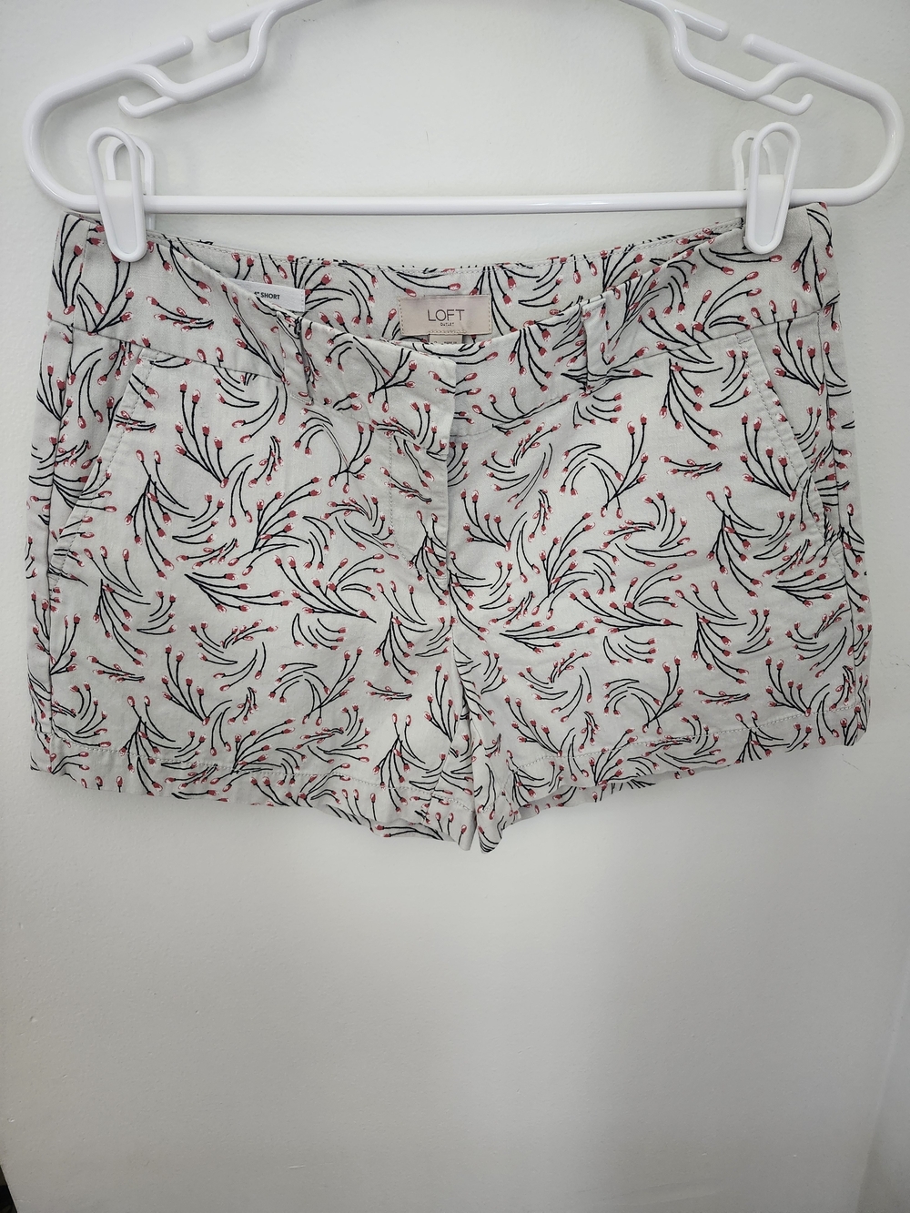 LOFT Cream Shorts with Black and Red Floral Sprig Print